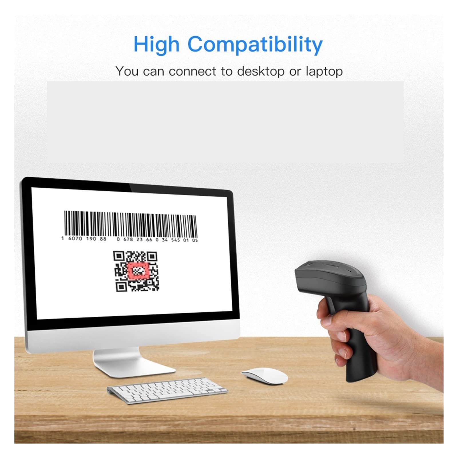 Lettore di codici a barre 1D 2D QR. Scanner for codici a barre portatile con prefisso batteria ricaricabile da 2 in-in-1Connection 1200mAh / cifre suffisso per inventario