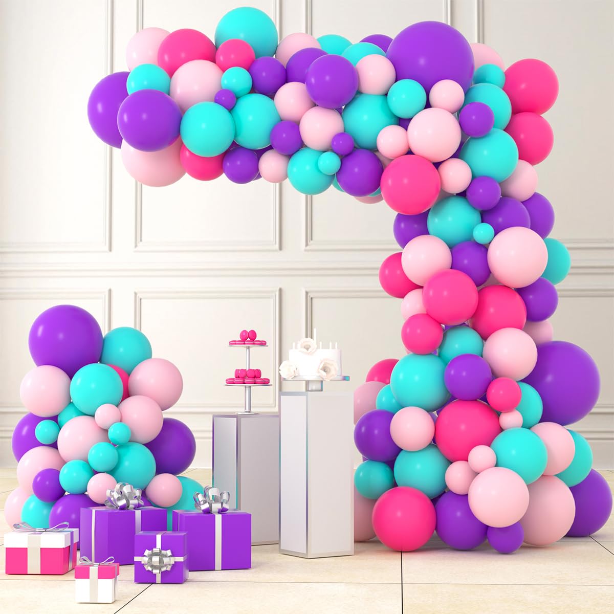 Teal Blue Purple Pink Balloon Garland Arch - Hot Pink Blue Purple Balloons Silver Star Balloons for Under The Sea Princess Girl Grown Up Birthday Baby