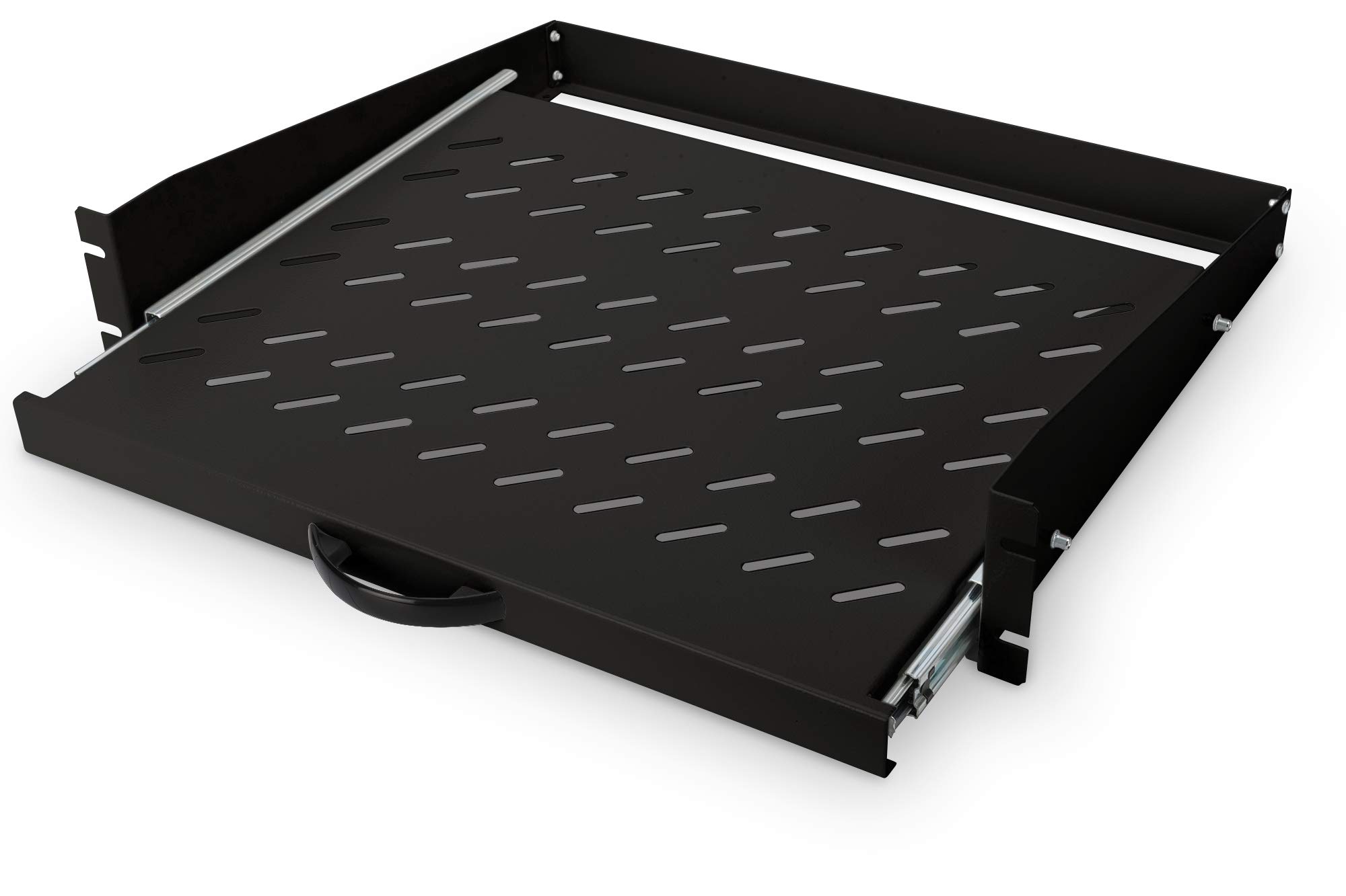 DIGITUS Estante extraíble – 19 Pulgadas 2U – 352 mm de Profundidad – Negro | Fijación delantera – Para armarios de red y servidores con una profundidad mínima de 450 mm – Capacidad de carga de 30 kg