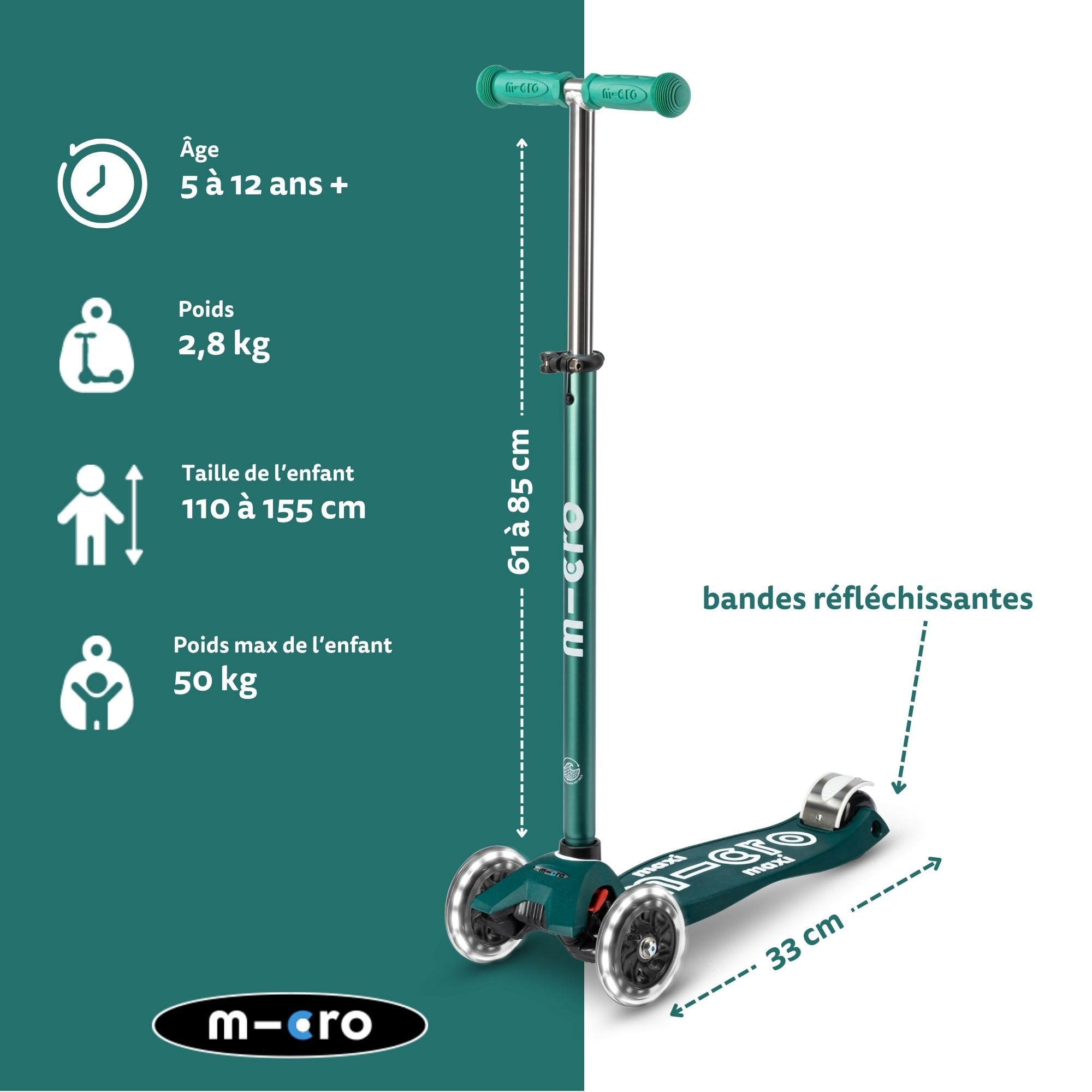 Micro | Trottinette Enfant Maxi LED Deluxe | Trottinette 3 Roues | Bandes Réfléchissantes | Roue Lumineuses | 5-12 Ans