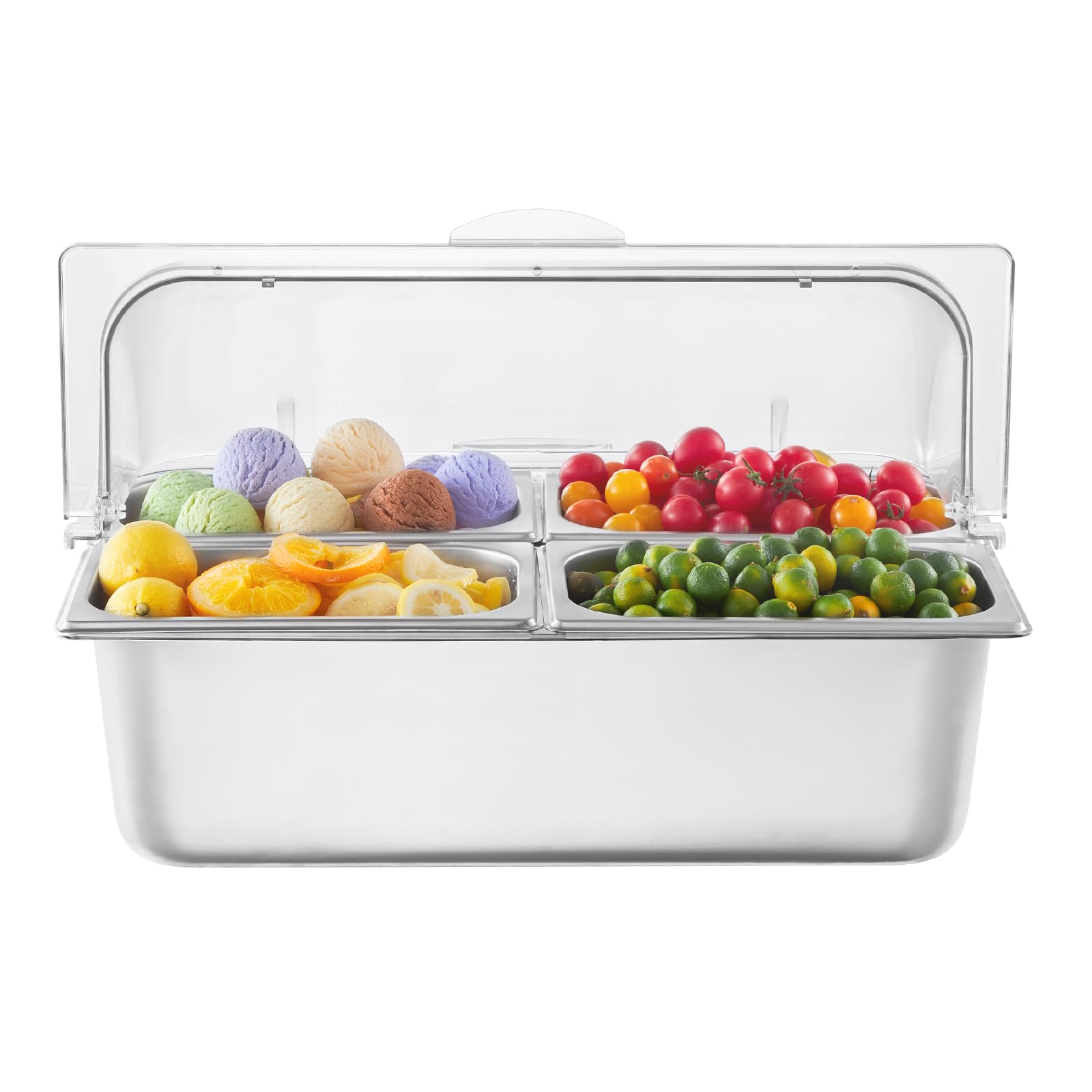 VEVOR Contenitore Espositivo per Servire Cibo da Banco, Vassoio per Servire Cibo in Acciaio Inox 4 Teglie, Espositore per Dispensatori di Condimenti a Buffet con 3 Contenitori per Congelatore