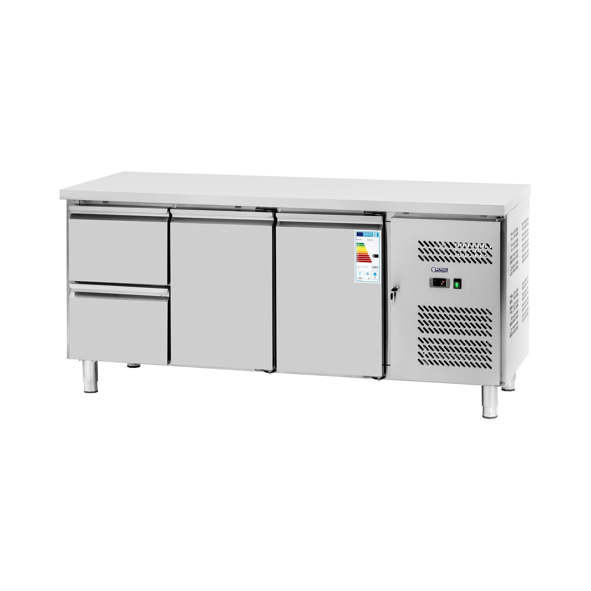 Royal Catering RCS-417D 417 L - Mesa de refrigeración para pizza (2 compartimentos GN 1/2 y 2 compartimentos, 179 x 70 cm, con cajones)