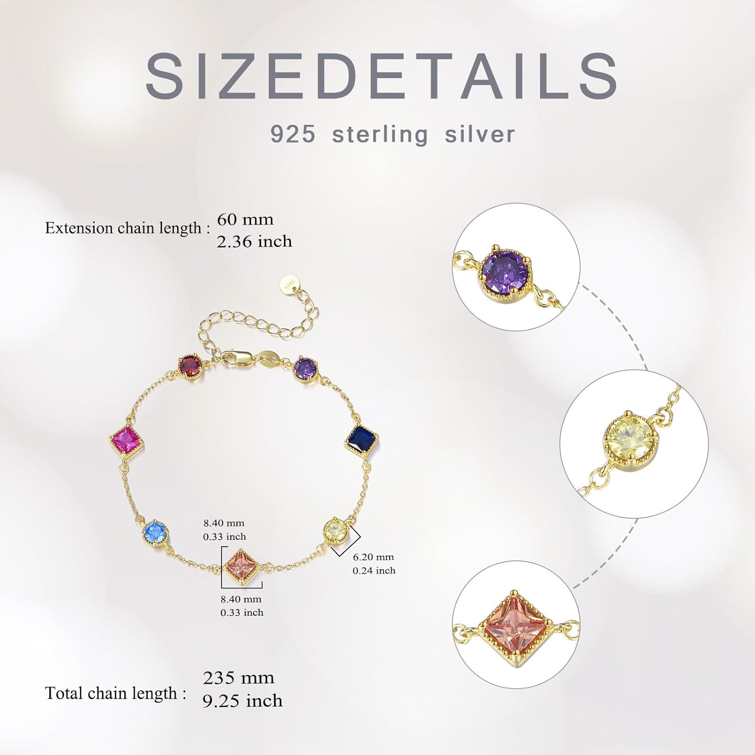 Birthstone Bracelet for Women, 925 Sterling Silver Plated 18k Gold Round/Square-Cut 5A Colored Cubic Zirconia Bracelet, Exquisite Jewelry Anniversary Birthday Gift for Wife Mother 7+2 "