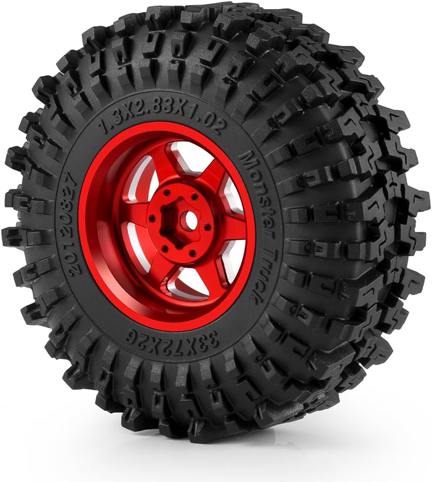 RCLIONS 1.3" Aluminium Beadlock Wheels Rims Rubber Tires Set for 1/24th SCX24 AX24 Ascent18 1/18th TRX4M RC Crawler Car Upgrade Parts (Red)