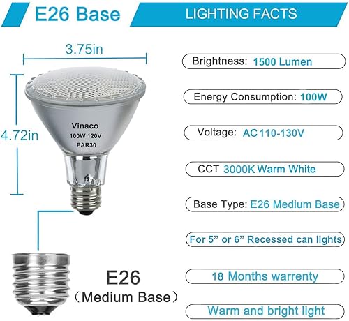 Miniatura 4 de Vinaco PAR30 - Luz de inundación de 100 W, paquete de 6 unidades de alto brillo 1500LM PAR30 halógeno de cuello largo regulable, PAR30L inundación