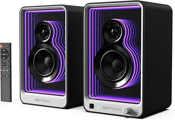 BESTISAN 50W*2 Active Bookshelf Speakers with Dynamic Light Effect, 3" Bass Computer Speakers with ARC/Optical/RCA/BT 5.2/USB/SUB Out Input for Turntable, PC, TV and Phone.