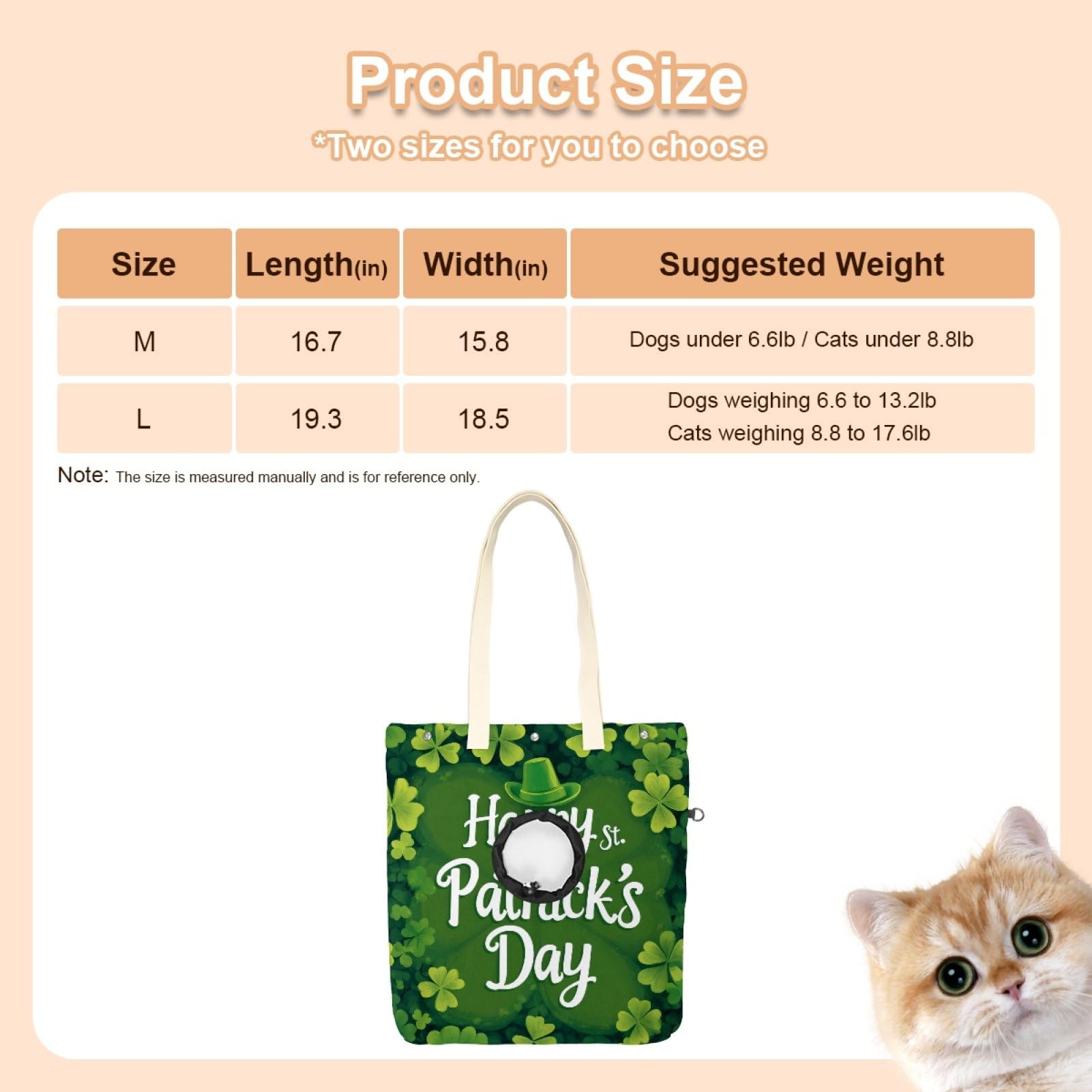 Pet Canvas Shoulder Bag Soft-Sided,Dog Purse Carrier for Small Dogs and Cats, Portable Pet Handbag with Adjustable Hole, Pet Washable Travel Tote Bag,Green St. Parikh's Clover 16.7''x15.8''