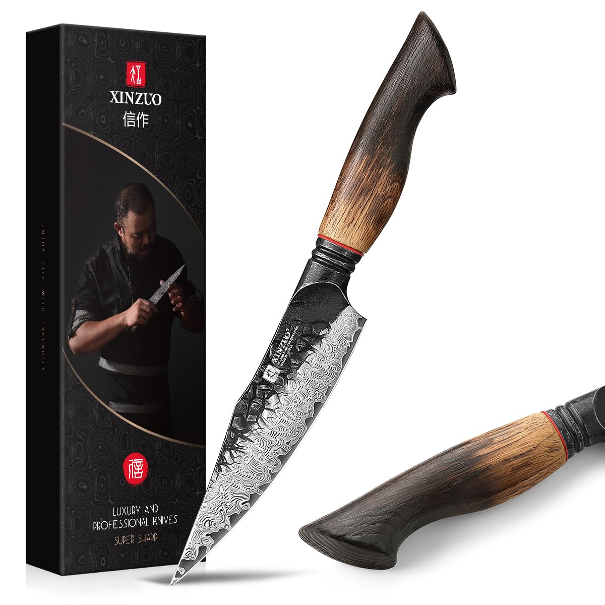 XINZUO Damascus Paring Knife 14.1 cm,67-Layer Steel 10Cr15CoMoV Kitchen Knife,High Carbon Razor Sharp Small Kitchen Knives, All Purpose Professional Kitchen Peeling Utility Knives with Ergonomic Burnt