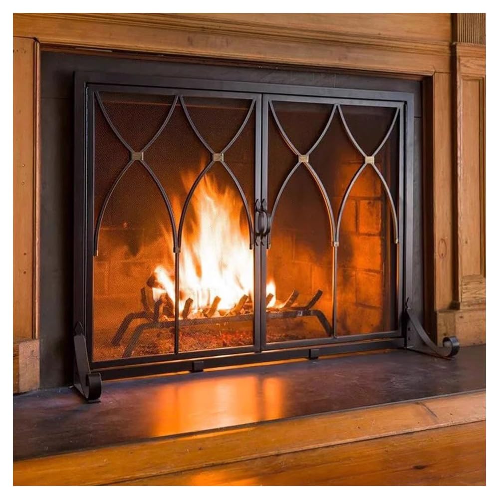 Salvachispas Chimenea Mampara for Chimenea con Puerta de Malla metálica recubierta Polvo for bisagras Diseño Decorativo contra Incendios Protector Chimenea