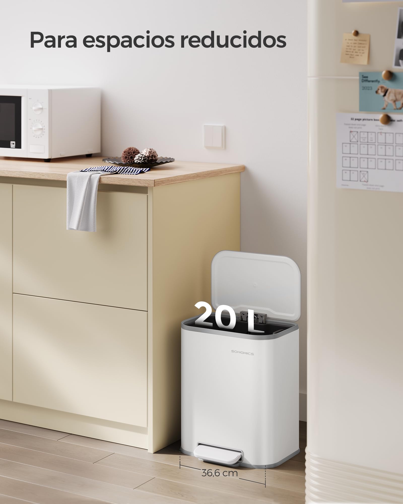 SONGMICS Cubo de Basura de Cocina, Cubo de Pedal 20 L, Cubo Basura de Acero, Tapa con Cierre Suave, Permanece Abierto, Cubo Interior, Pedal Antideslizante Ancho, Blanco Nube LTB542W02