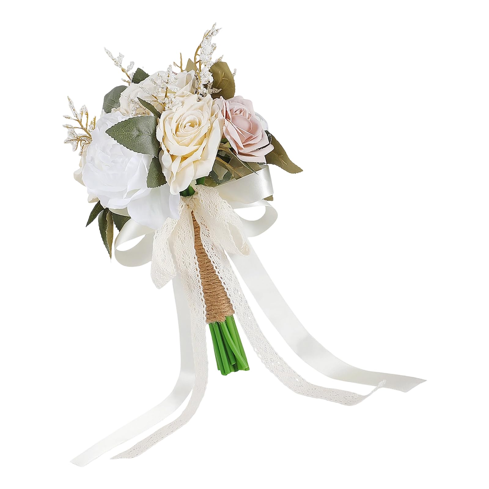 Kaeltsyn Realistic Rose Bouquet White Artificial Bridal Arrangement for Wedding Ceremony Maid Keepsakes Artificial Bouquet
