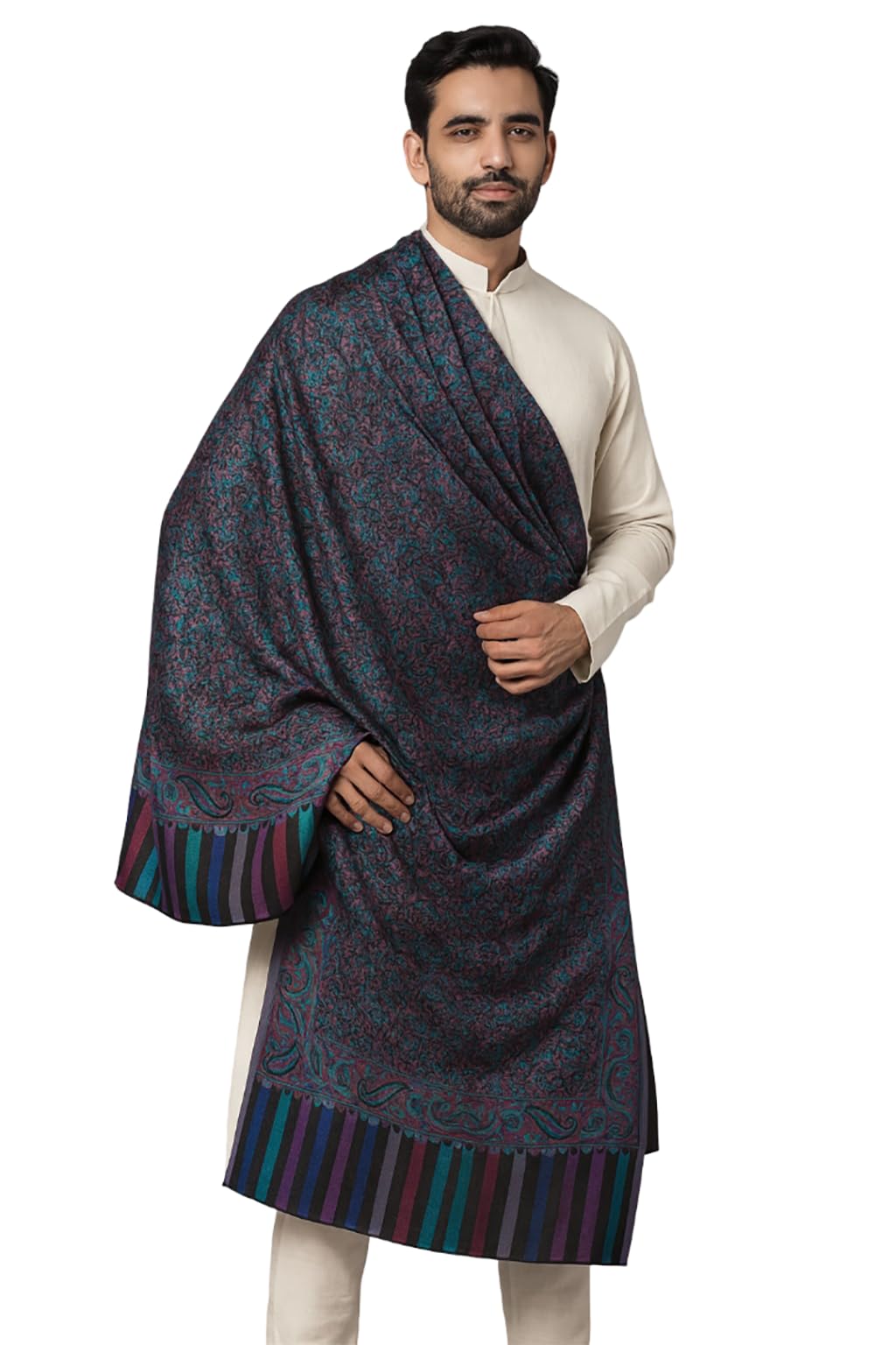Men Silk Blend Reversible Wool Shawl Floral Pattern Kashmiri Jamawar Design Printed Reversible Men Shawls Extra Soft Warm - Size 80 x 40 inch - Multicolor-image-30