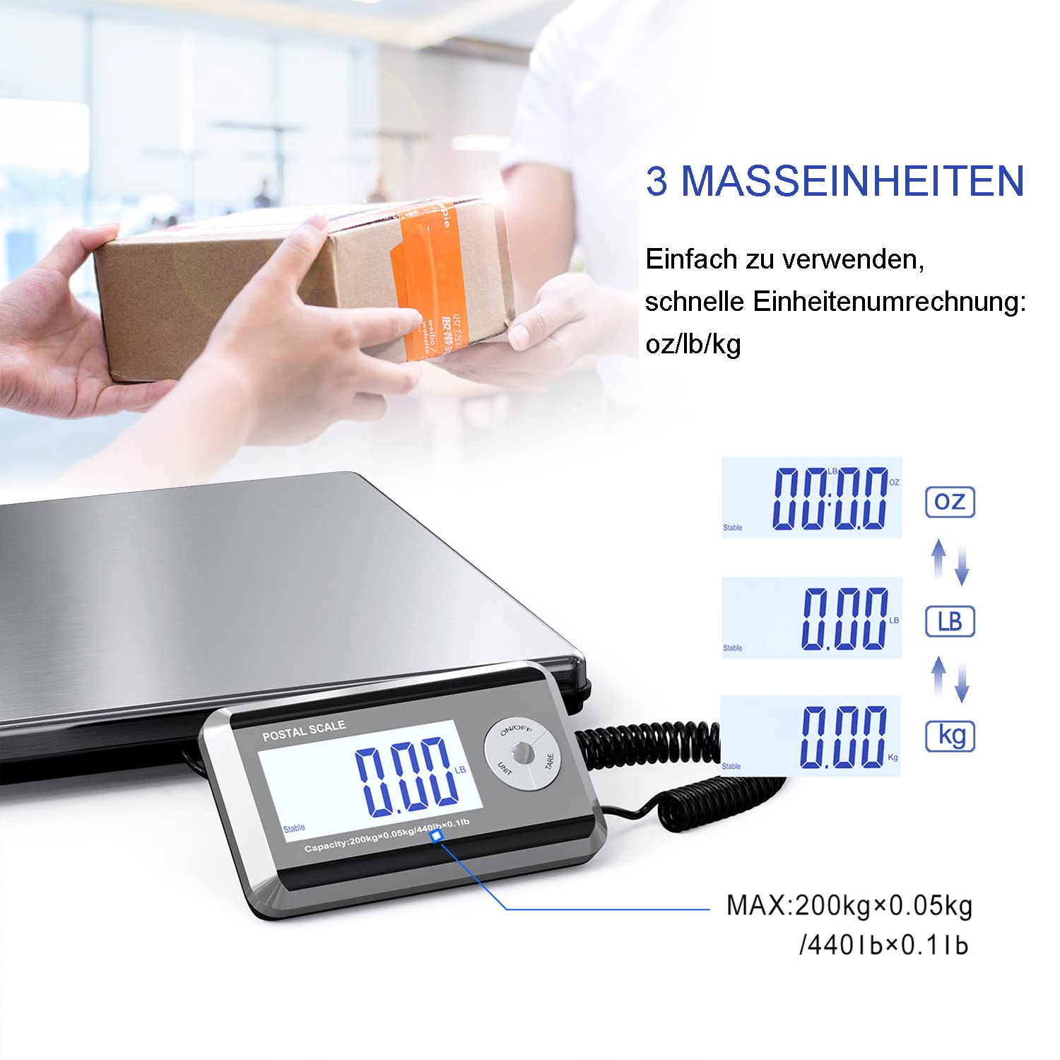 Nilpferd Paketwaage bis 200kg/50g Plattformwaage Briefwaage mit Große Plattform L*B-38,8 * 30,8 cm aus Edelstahl,Externes Beleuchtetes LCD Display 4*AA-Batterien oder AC-Adapter (Silber1)