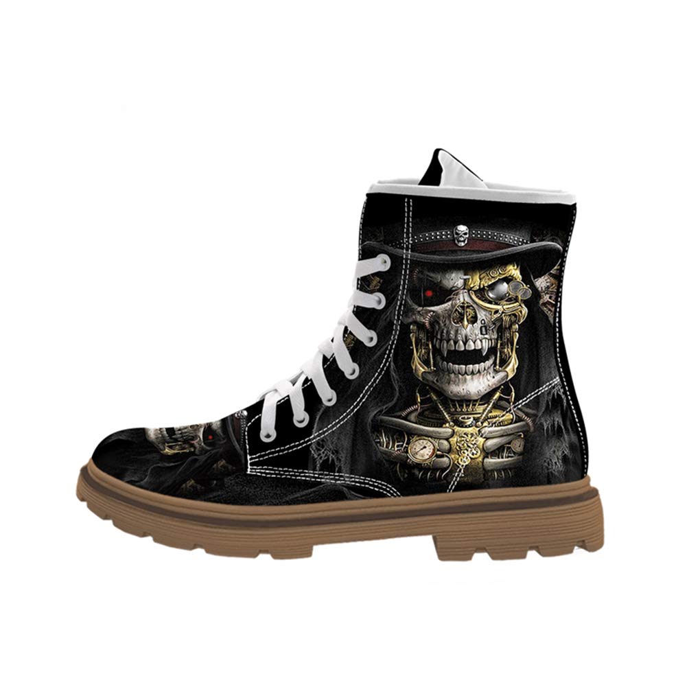 Cool Skull Print Design Mid-Carf Fashion Boots for Men Motorcycle Combat Boots High Top Shoes Plus Size