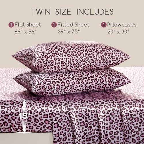 Image of MR&HM Satin Sheets with Elastic Corner Straps, Twin Size 3-Piece Silky Bedding Set, Deep Pocket 15 Inches, Good for Hair & Skin (Twin, Pink Leopard)