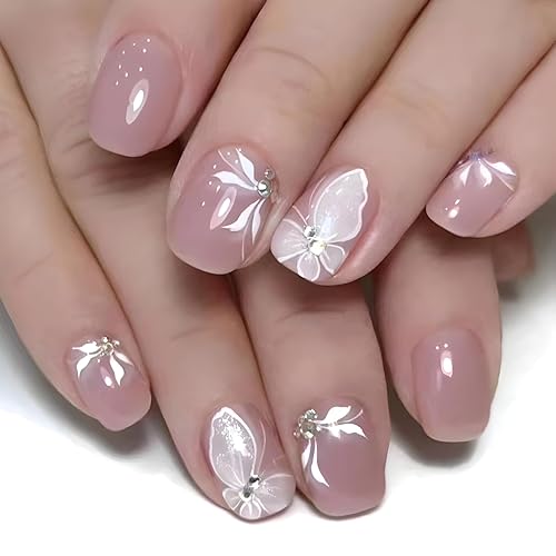 Miniatura 10 de Uñas postizas cuadradas rosadas a presión, uñas postizas cortas de mariposa blanca, uñas postizas de estrella blanca, uñas acrílicas brillantes