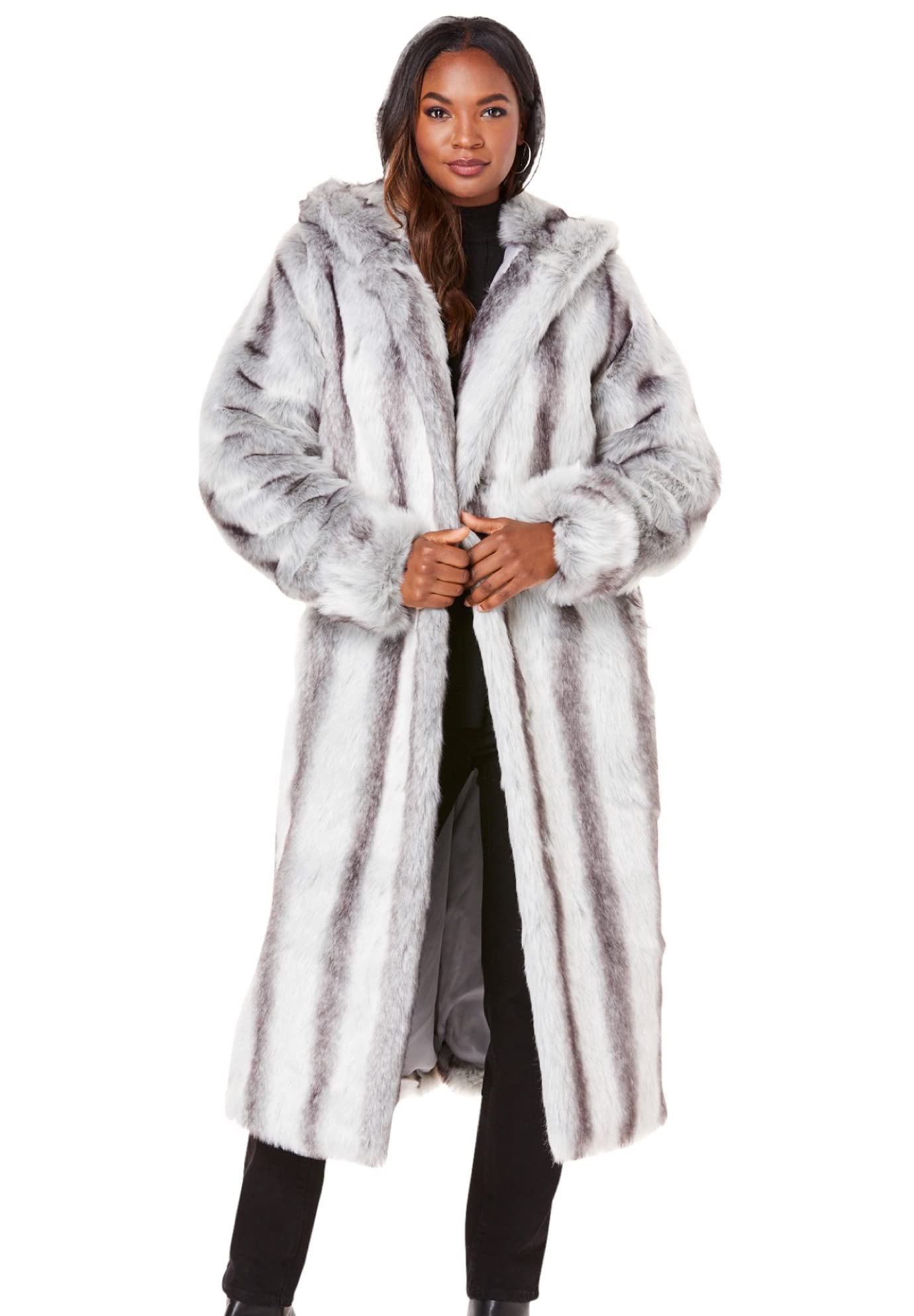 Roaman'sWomen's Plus Size Hooded Long Faux Fur Coat