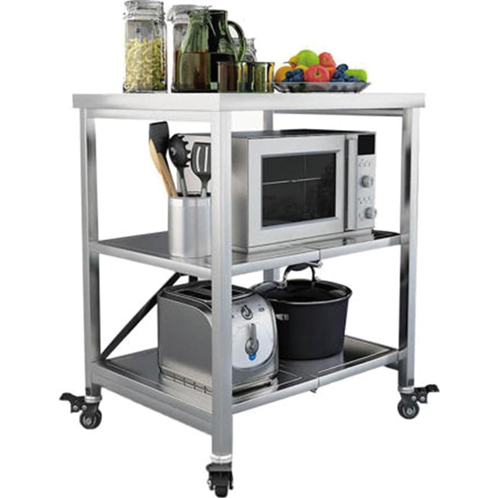 Trolley Stainless Steel 3 Tier Folding Kitchen Cart with Locking Wheels Outdoor Service Cart for Hotels Restaurants and Garages