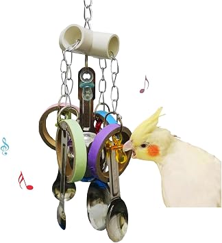 JSLZF Stainless Steel Parrot Toy Durable Scoop and Cardboard Bagel Cockatiel Spoon Ring Toy Conure Cage Hanging Toy for Lovebirds, Parakeet