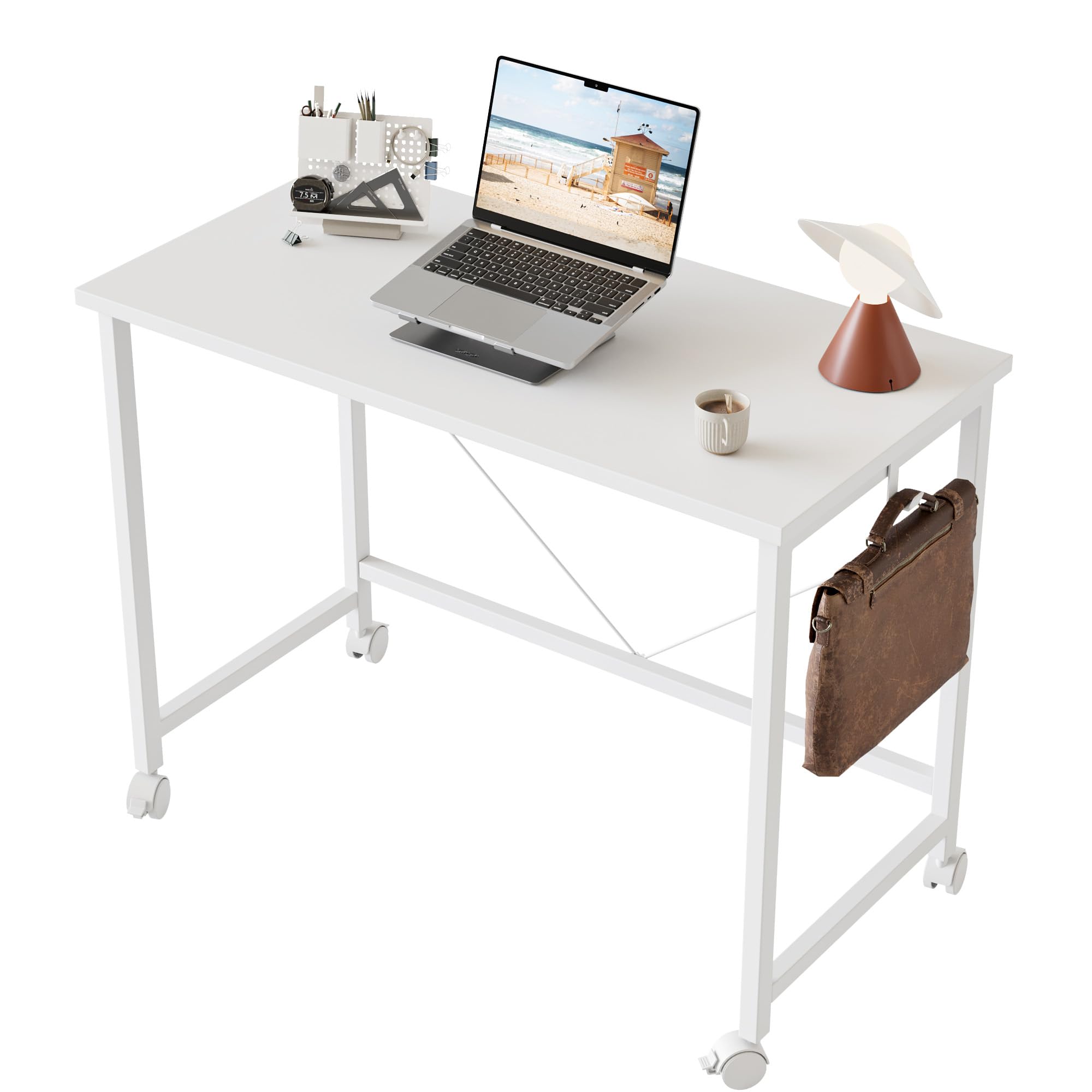 Mericonia Escritorio para Computadora de 80 Cm con Ruedas, Mesa Gaming para Espacios Pequeños, Escritorio de Oficina en Casa de Estilo Minimalista Moderno, Escritorio para Estudiantes, Blanco