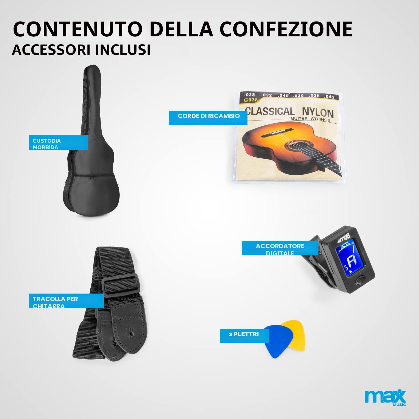 Max SoloArt Chitarra Classica per Adulti Principianti Nero Corde in Nylon con Accordatore Digitale Borsa e Plettri