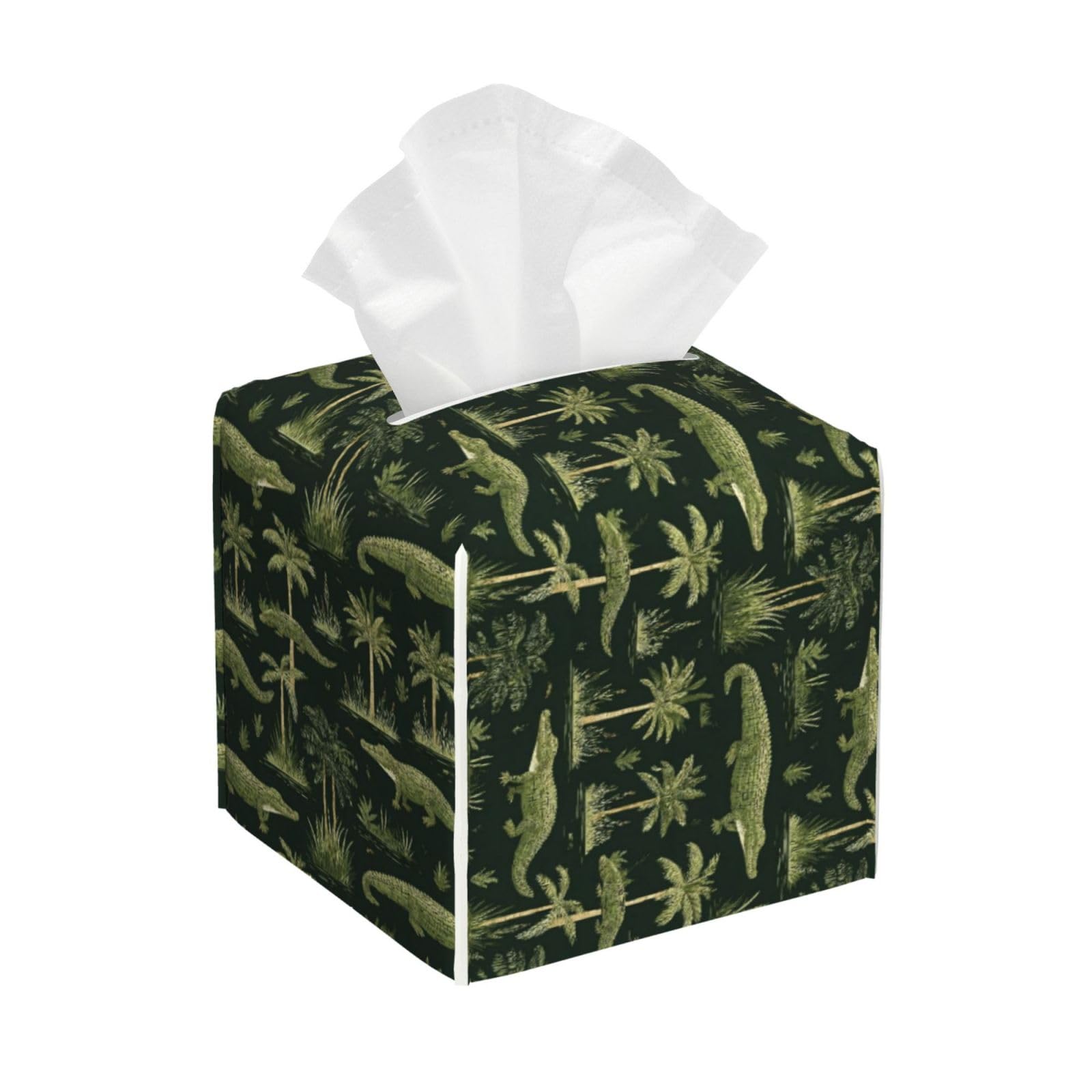 Tropical Green Crocodile Print Tissue Box Cover Holder Square, Foldable Modern Cube Tissue Box Cover, Leather Decorative Organizer for Tabletop Bathroom Car Office Desk Decor