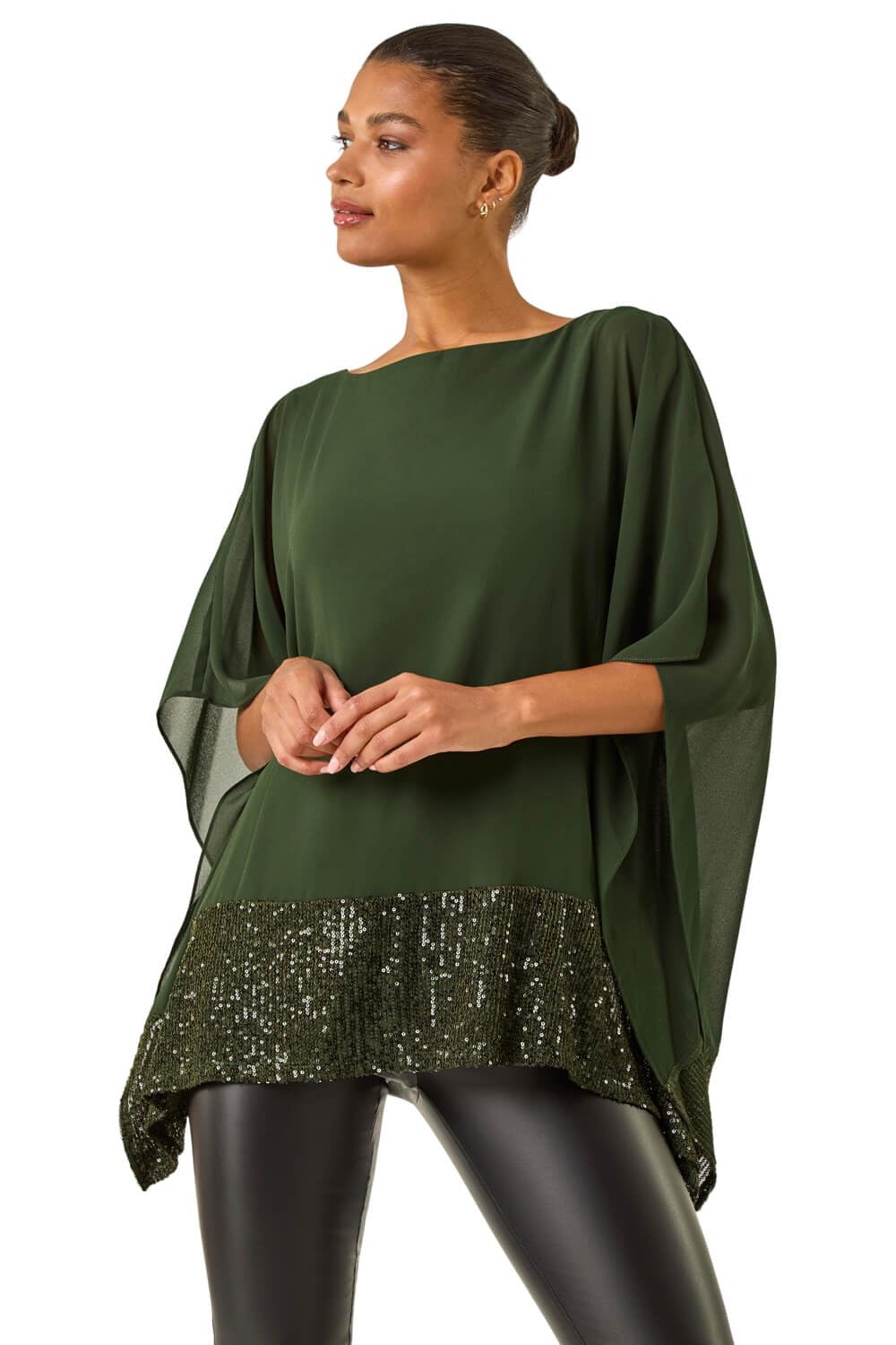 Roman Originals Women's Dark Green Sequin Hem Contrast Tunic Top For Uk - Everyday Autumn Winter Round Neckline Comfy Soft Evening Vacation Work Party Night Out - Size 12