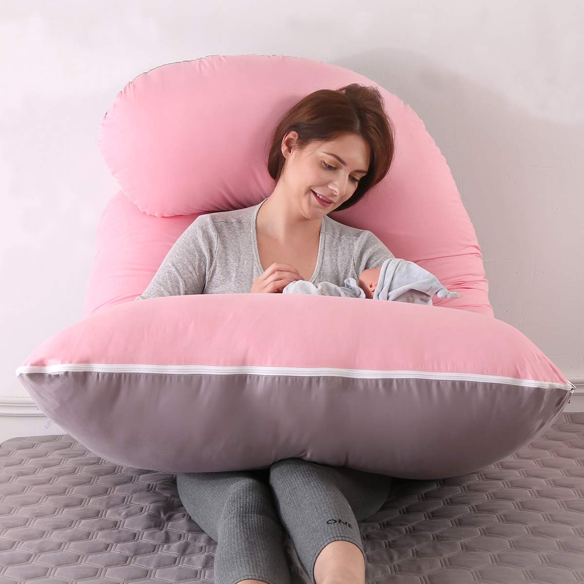 SHANNA Cuscino gravidanza per dormire, Cuscino allattamento e gravidanza, grande a forma di U e supporto premaman con rivestimento in cotone sostituibile e lavabile (Grigio+Rosa)