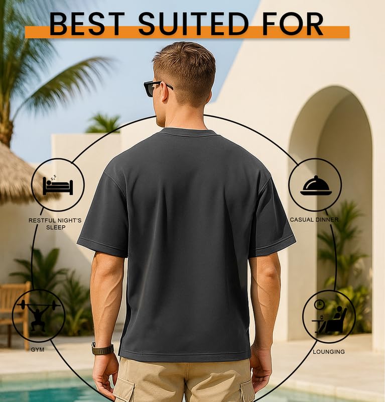 Image of Sleepynuts Men 220 GSM 100% Pure Cotton Oversized Baggy Fit Drop Shoulder Round Neck T-Shirt Pack of 3 (Toffee Brown, Smoky Grey, Dusty Blue-M)