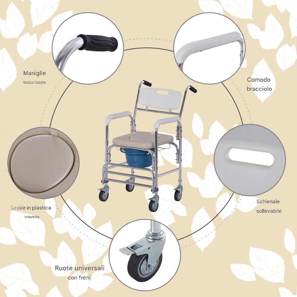 BAKAJI Silla de ruedas impermeable con inodoro y asiento de piel sintética con 4 ruedas y freno, maceta extraíble con reposabrazos cómodos, asiento con inodoro y respaldo para pacientes, ancianos