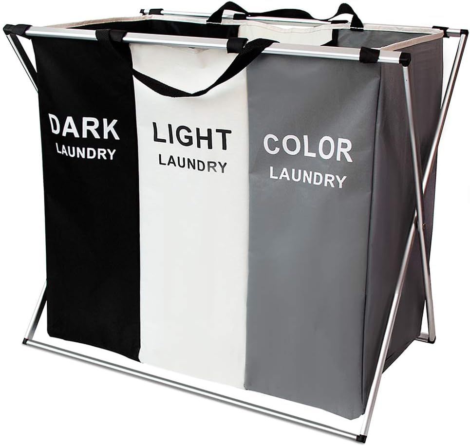 Laundry Hamper Basket Sorter with Handle and Aluminum Frame, 3 Sections Foldable Portable Large Dirty Clothes Basket Organizer for Bathroom Bedroom Home (Black+White+Grey)