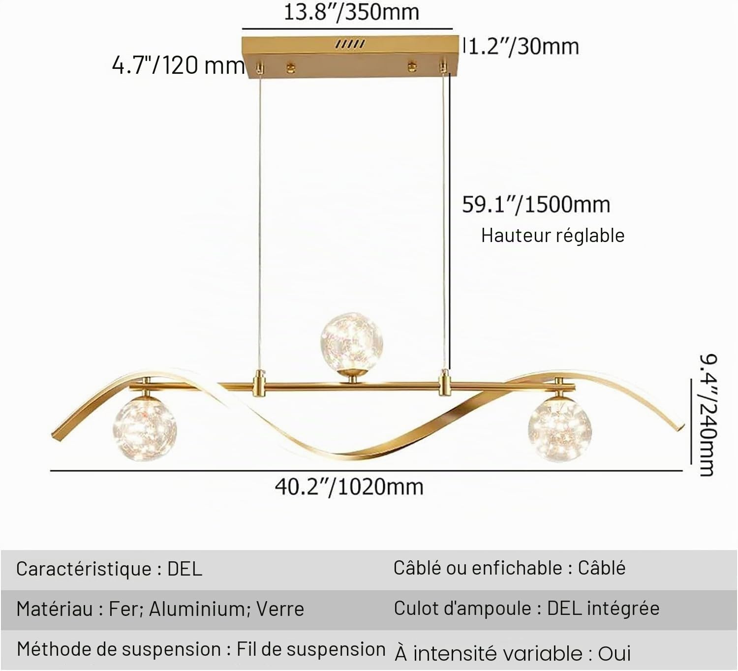 Suspension LED moderne linéaire hauteur réglable salle à manger lustre dimmable style nordique abat-jour en verre lampe suspendue 3000-6000K plafonnier table à manger salon bar café lampe(Gold)