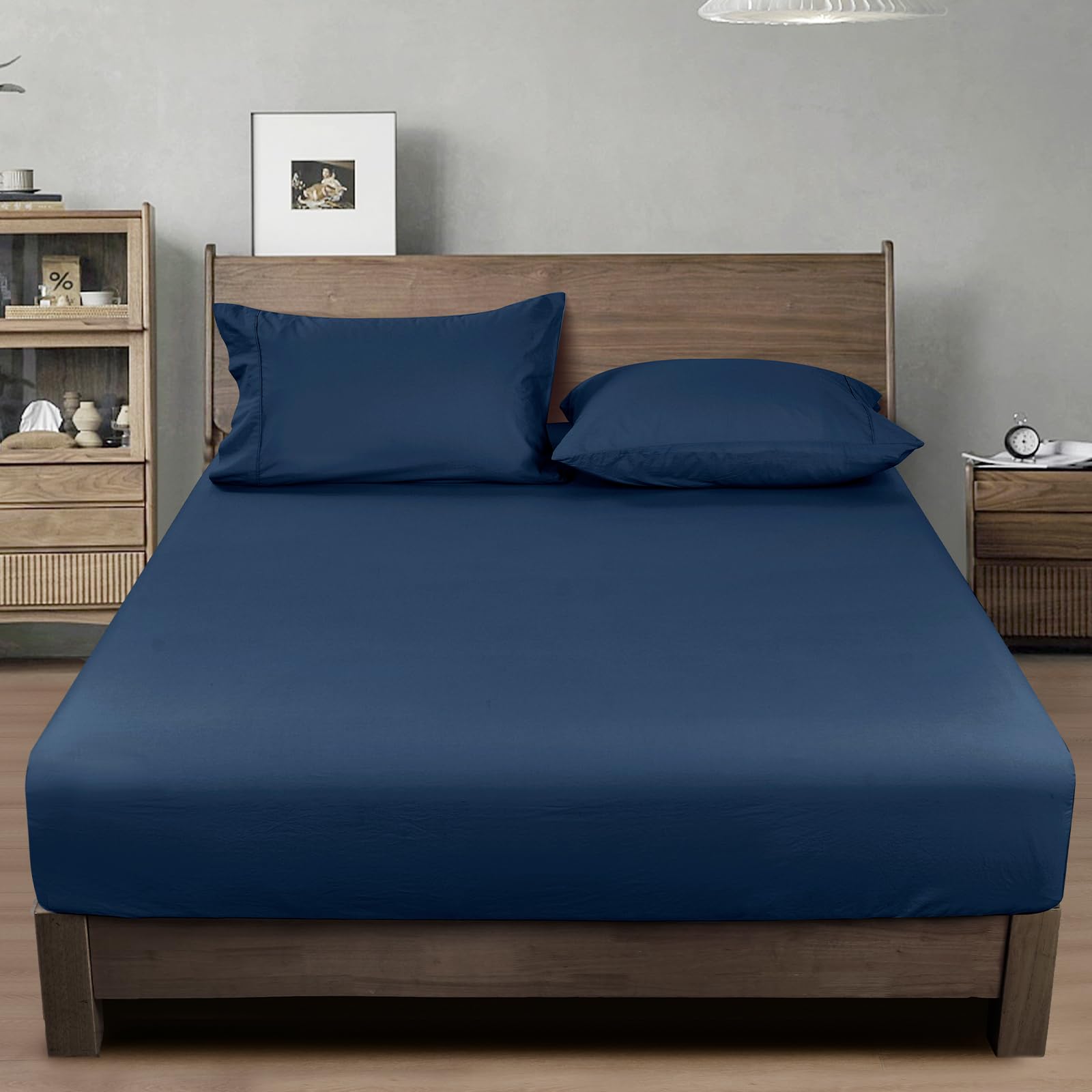 phf 100% garment washed cotton fitted sheet king size - cozy cloud soft linen like bottom sheet only with elastic deep pockets, easy fit breathable warm not shrink,78"x 80",navy blue, no pillowcase