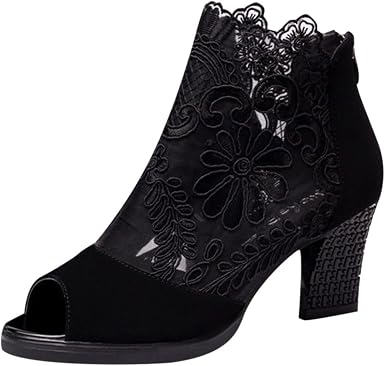 Amazon.com: Botas de vestir para mujer, sexy, con encaje floral, botines  con cremallera trasera, tacón grueso, botas cortas de verano con puntera  abierta : Ropa, Zapatos y Joyería