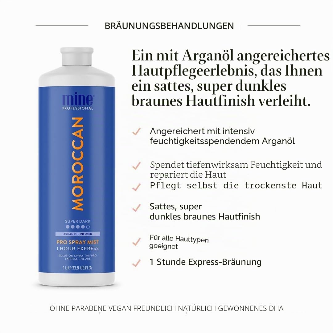 MineTan Profi-Sprühbräune | Moroccan - 1 Stunde Ultra Rapid Tanning Flüssig, Dunkle, Gesicht & Körper Fake Tanner, Schnelle Trocknend, Feuchtigkeitsspendend, Braunes Hautfinish, Keine Orangetöne, 1L