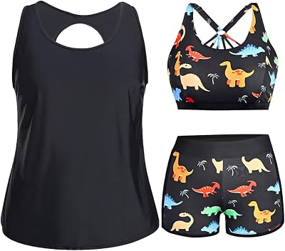 Holipick Women Plus Size 3 Piece Tankini Swimsuits with Shorts | Sports bikini top, high waist shorts, tank top, removable pads. Athletic style for water activties