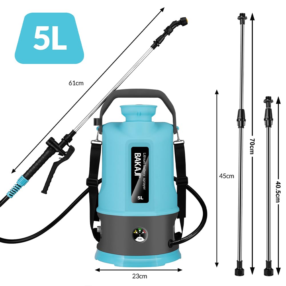 BAKAJI Spruzzatore a batteria da Giardino con Accessori, Nebulizzatore a pressione con Tracolla Antifatica, Pompa Ultra Leggera Irrigazione e Cura Piante, Ideale Acqua e Antiparassitario (5 Litri)