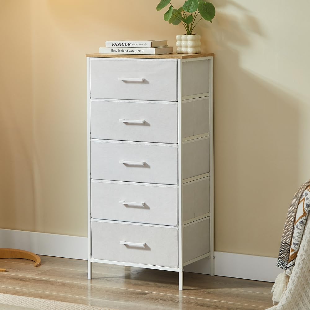 CASABEL cómoda Alta y Estrecha Blanca, 5 cajones de Tela rígida, Metal Blanco y Tablero, 45x30x94cm, cajonera para Dormitorio, salón, recibidor o Pasillo, sinfonier Funcional y práctico