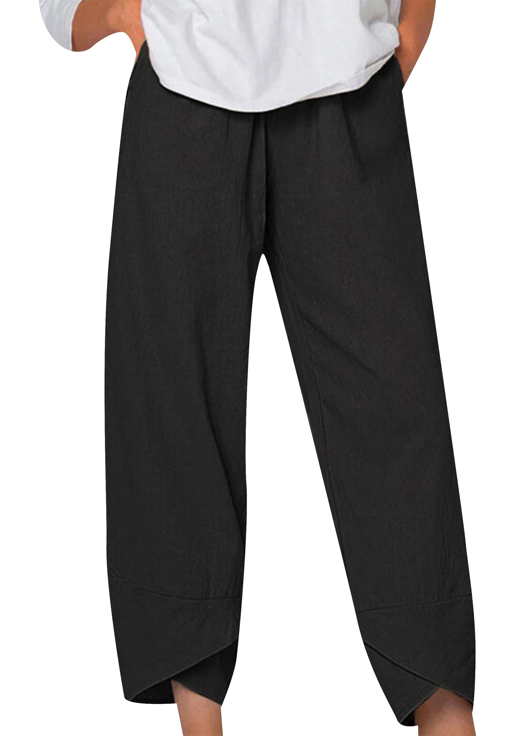 TYQQU Womens Modest Trendy Cotton Linen Pants with Pockets Baggy Flowy High Waist Pant Loose Comfy Lounge Pant