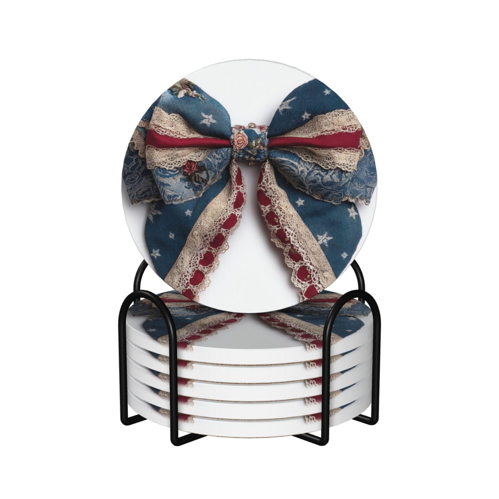 Patchwork Bow American Flag Pattern Ceramic Coasters with Holder 6ps