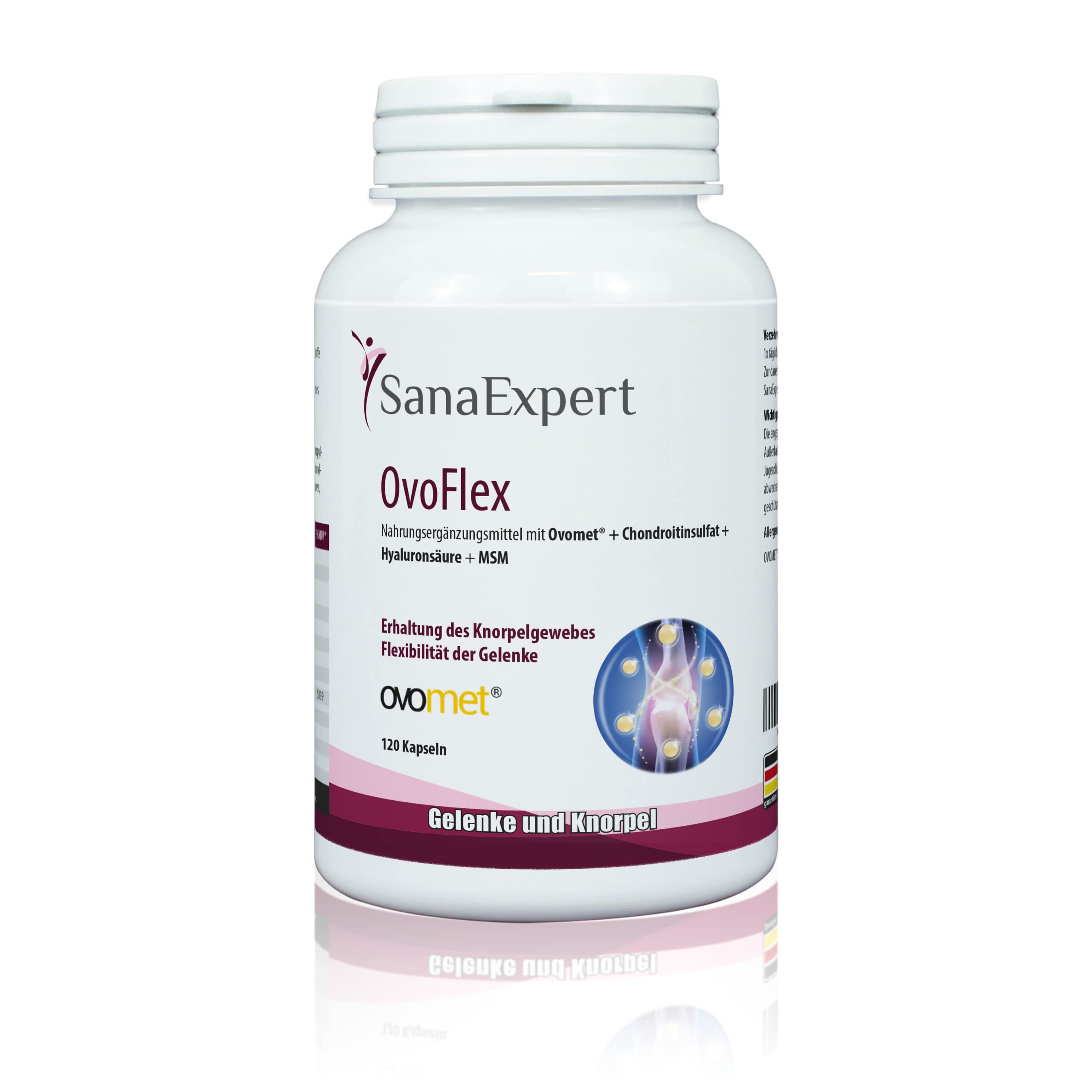 SanaExpert Ovoflex, integratore per le articolazioni con solfato di condroitina, acido ialuronico, vitamina C e OvoMet (120 capsule). Ingredienti 100% naturali. Prodotto in Germania.