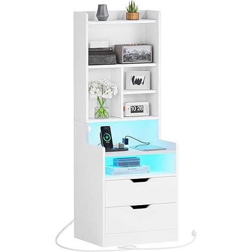 ADORNEVE Tall Night Stand with Charging Station and LED Lights,White Nightstand with Bookshelf,Bedside Table with Drawers & Power Outlets,End Side Table for Bedrooms