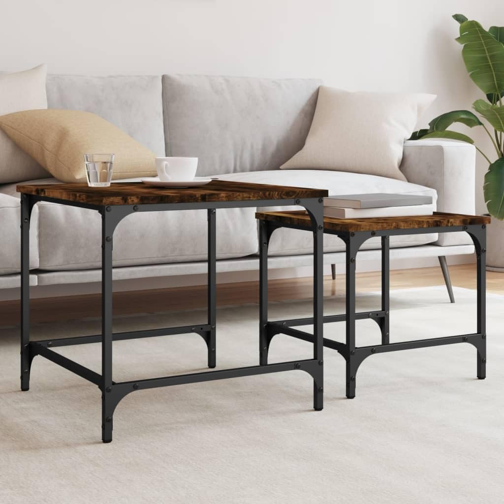Tables Basses gigognes en chêne fumé 2 pièces avec cadre en métal noir