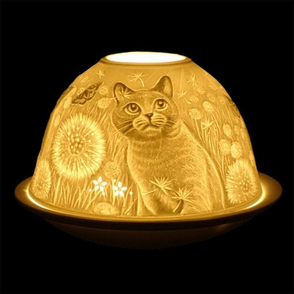 Nordic Light White Patterned Candle Shade, Cat With Dandelion Tealight Candle Holder, Candle Plate, Lace Gift Idea, Candle Accessories