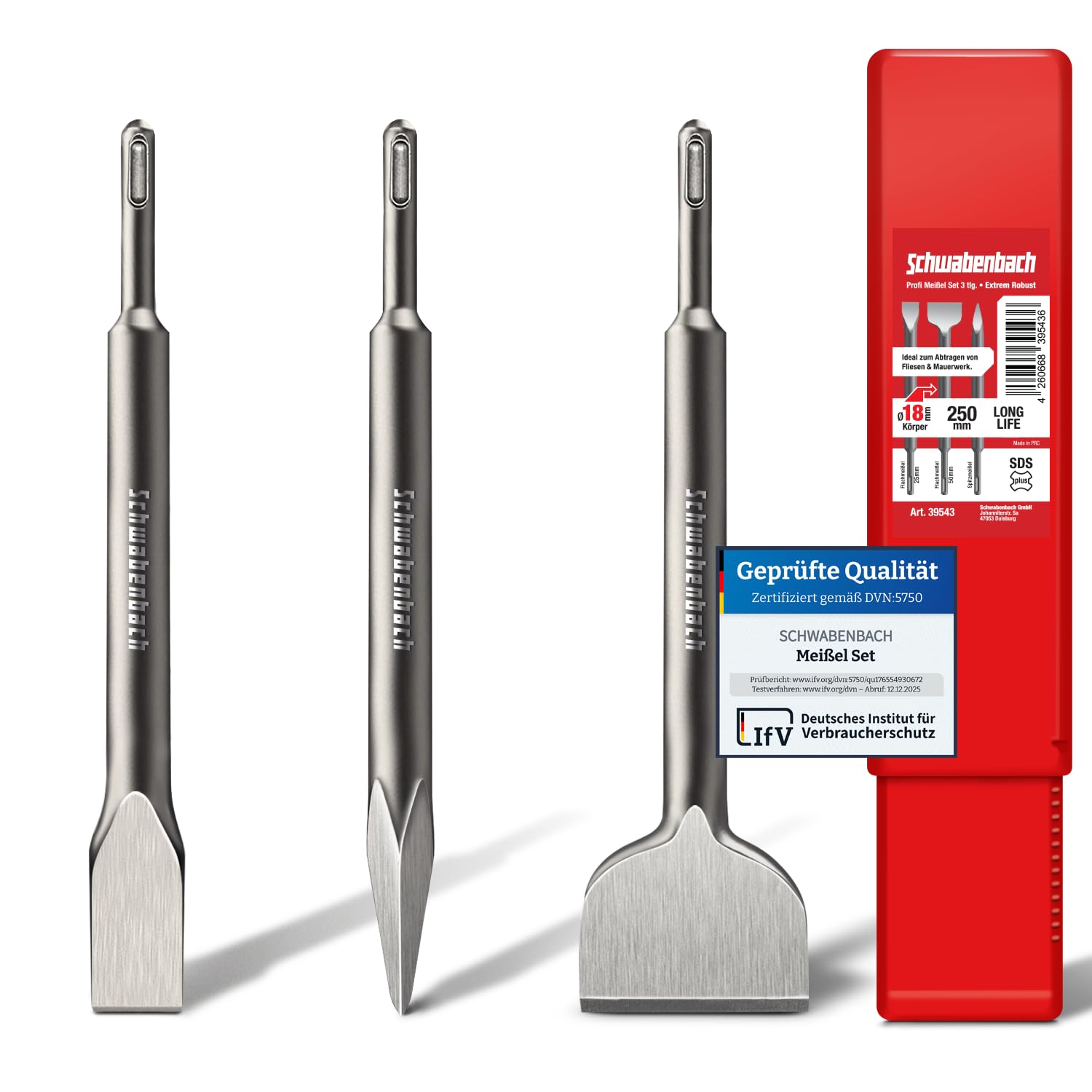 SCHWABENBACH SDS Plus Chisel Set, 3 Pieces, 25 mm + 50 mm + Pointed Chisel, Extremely Robust Compatible with Bosch Hilti Metabo and Rotary Hammer, Tile Chisel Set