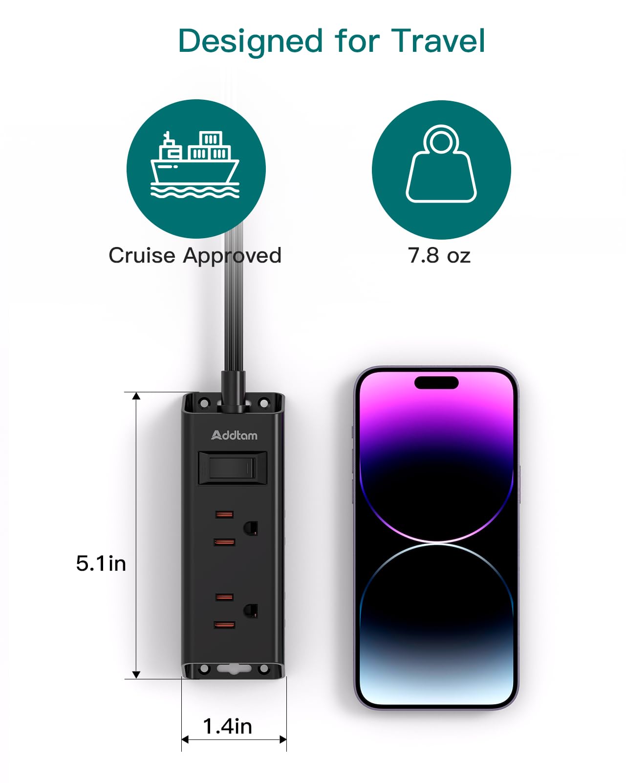 Cruise Essentials - Tira de alimentación de enchufe plano, Addtam ultra plana de 5 pies con extensor de 6 tomacorrientes, protector de sobretensiones para cruceros, viajes, recámara, oficina en casa,