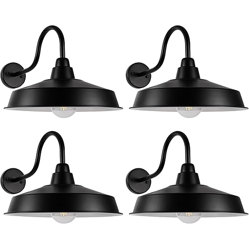 Diyel Gooseneck Barn Light Outdoor, 16 Inch Dome Large Farmhouse Exterior Light Fixture Wall Mount, Industrial Outdoor Wall Sconce Outside for House, Shop, Front Porch, Garage, Entryway, Black, 4 Pack