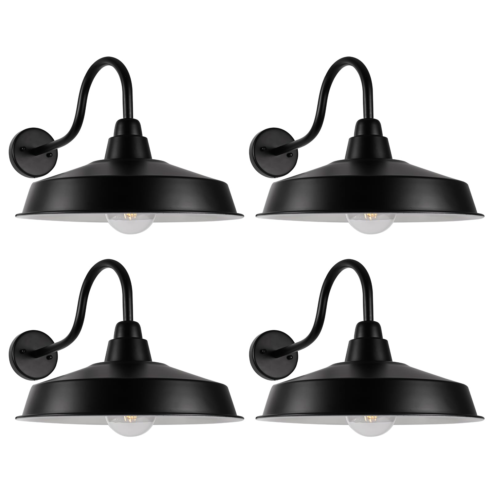 Diyel Gooseneck Barn Light Outdoor, 16 Inch Dome Large Farmhouse Exterior Light Fixture Wall Mount, Industrial Outdoor Wall Sconce Outside for House, Shop, Front Porch, Garage, Entryway, Black, 4 Pack