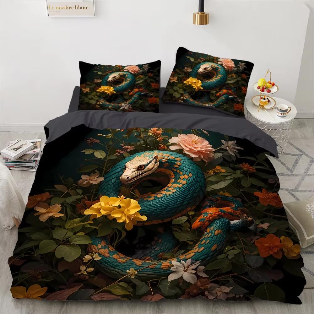 Housse de couette serpent vert 200x200 anti-glissement avec fermeture éclair