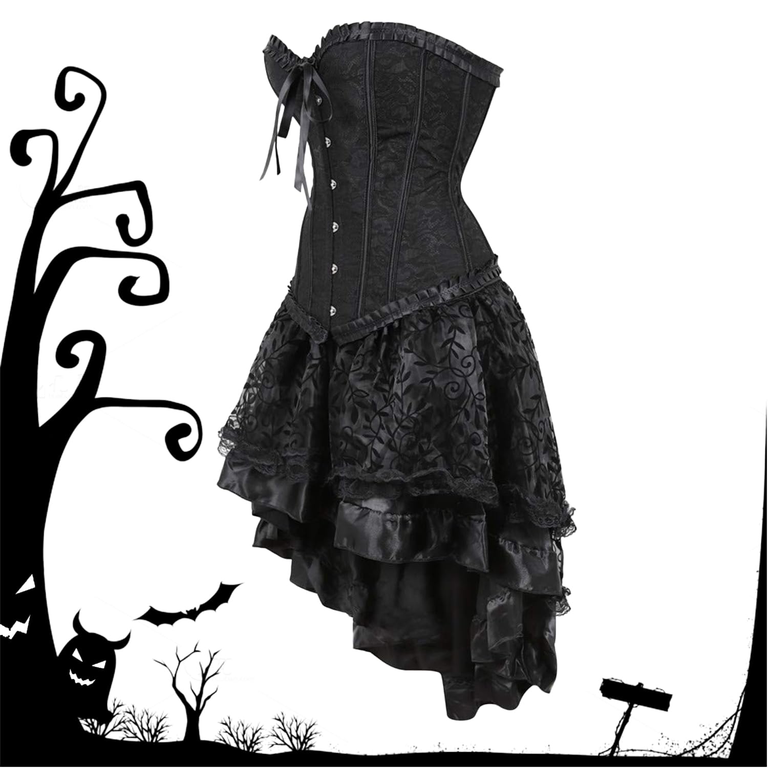 Corpetto Top Donna,Gonna Steampunk da Donna Asimmetrica in Chiffon,Collana in Pizzo retrò con Bracciale,Gotico Nero Bustini e Corsetti,Adatto per Feste,Cosplay,Halloween,Carnevale